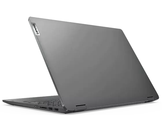 Lenovo IdeaPad Flex 5 Gen 7 (16'' AMD) 2-in-1 laptop—¾ right rear view, laptop mode, partially open