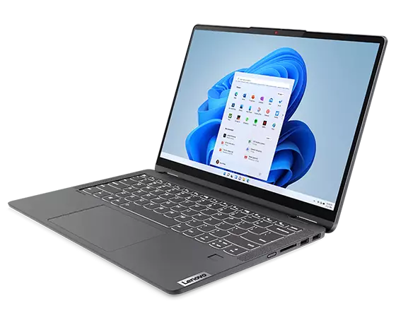Lenovo IdeaPad Flex 5 Gen 7 (14'' AMD) 2-in-1-Notebook – Dreiviertelansicht von rechts, Laptop-Modus, Deckel geöffnet