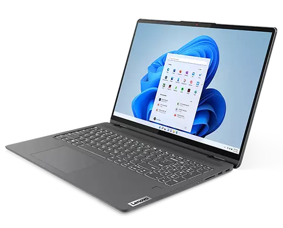 Front-right angle view of the 16” IdeaPad Flex 5i in laptop mode, showing the keyboard, touchpad, right-side ports, and display, which depicts an OS panel against a swirling blue shape