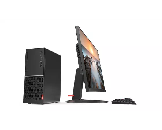 The Lenovo V55t tower desktop with side views of the monitor, keyboard, and mouse.