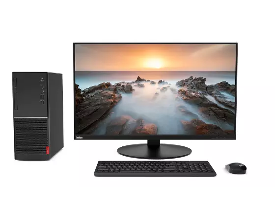 The Lenovo V55t tower desktop with monitor, keyboard, and mouse.