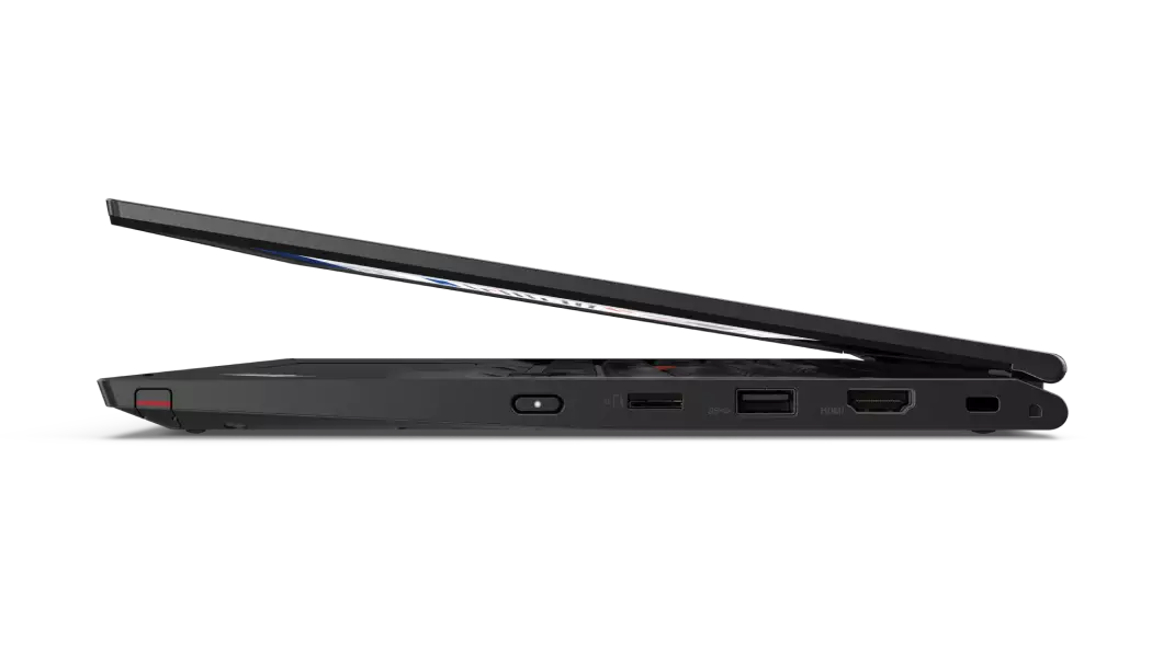 Vue latérale gauche du Lenovo ThinkPad L13 Yoga Gen 2, modèle noir ouvert à 45 degrés