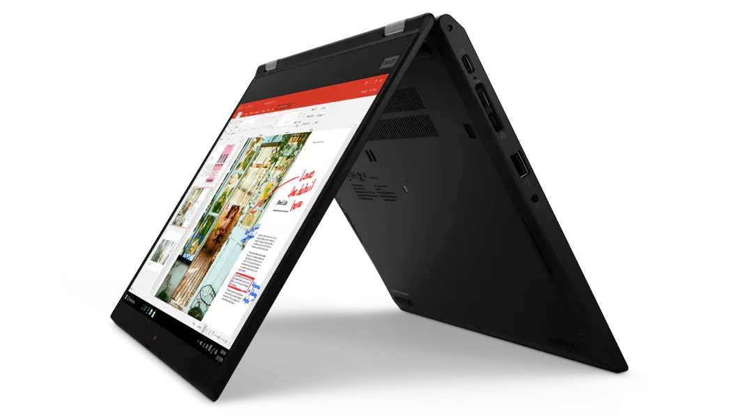 Left three-quarter view of black Lenovo ThinkPad L13 Yoga Gen 2 in tent mode