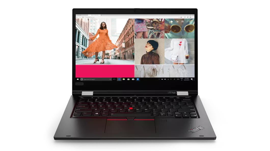 Black Lenovo ThinkPad L13 Yoga Gen 2 front view with keyboard showing