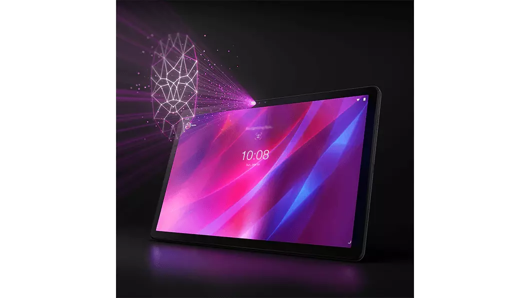 Lenovo Tab P11 Plus tablet—front view with pink and blue graphics on the display and facial recognition graphic in front of it