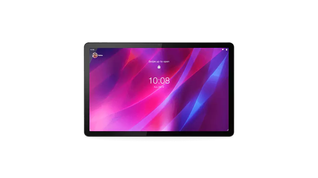 Lenovo Tab P11 Plus tablet—front view with pink and blue graphics on the display.