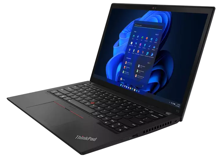 Lenovo ThinkPad X13 Gen 3 (13" amd) laptop in thunder black, open 90 degrees and angled to show right-side ports