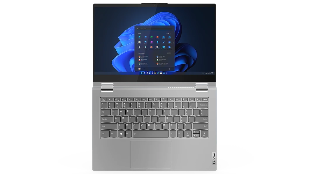 Un portable convertible ThinkBook 14s Yoga Gen 2 Mineral Grey en mode portable standard, ouvert à 180° pour mettre en valeur l’écran de 35,56 cm (14") et le clavier pleine taille.