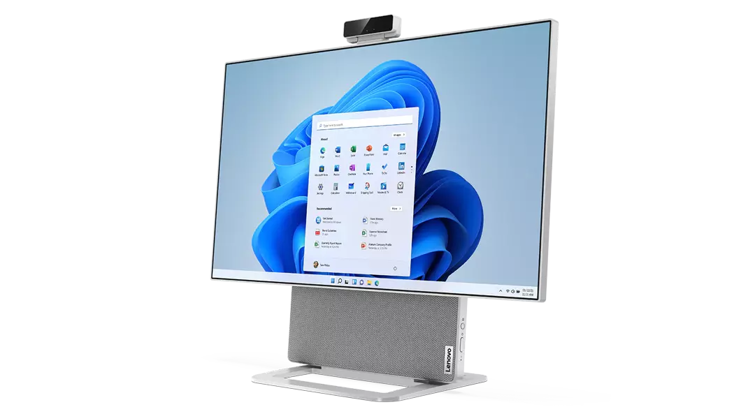 Yoga AIO 7 desktop front-facing left view with camera