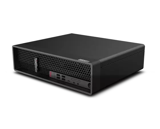 Lenovo ThinkStation P350 SFF workstation—lying on its left side, front view, ¾ left-front view from top