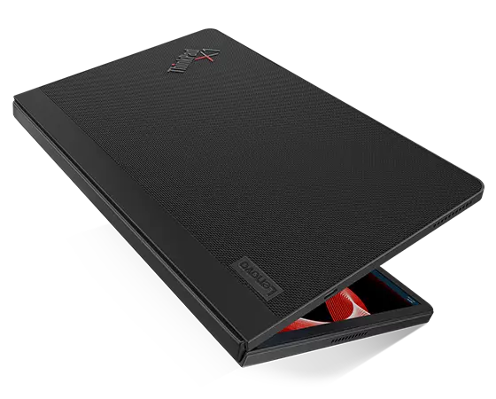 PC pliable Lenovo ThinkPad X1 Fold en mode livre, dont le capot supérieur présente un revêtement tissé haute performance, 100 % en PET* recyclé.