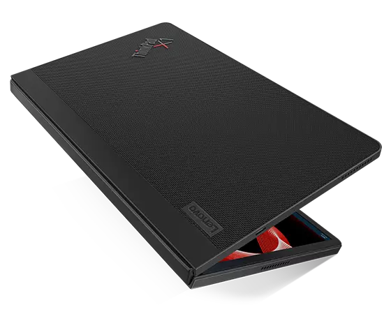 Lenovo ThinkPad X1 Fold foldable PC in book mode, showcasing 100% recycled PET* plastic Woven Performance Fabric top cover.