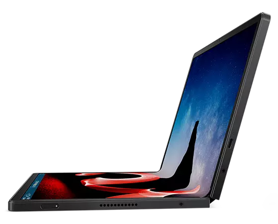 Profilbild från höger sida av den vikbara datorn Lenovo ThinkPad X1 Fold öppnad i 90 grader.