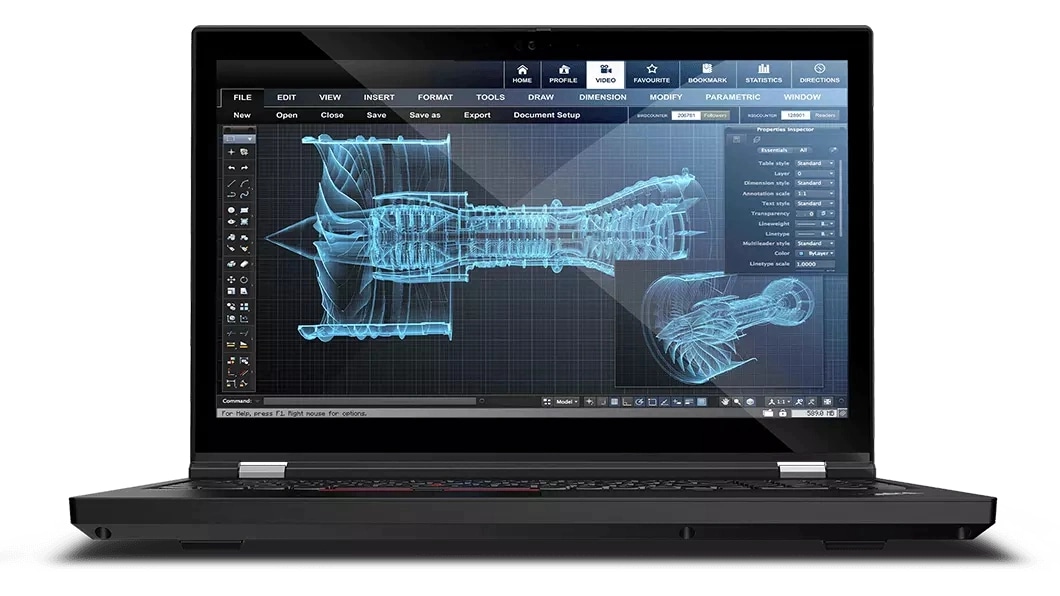 Vue avant du portable Lenovo ThinkPad T15g Gen 2 et de son écran affichant un logiciel d’ingénierie.