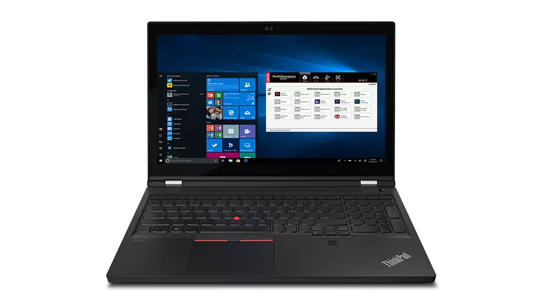 Front facing Lenovo ThinkPad P15 Gen 2 mobile workstation with 15.6 display with Windows 10 Pro and full-sized keyboard with numeric pad.