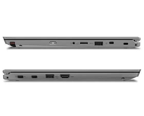 Lenovo ThinkPad L390 Yoga - Two shots pf the silver 2-in-1 laptop, showing the ports on each side