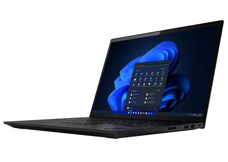 Left-side view of ThinkPad X1 Extreme Gen 5 (16, Intel) laptop, opened, 90 degrees, showing display and laptop