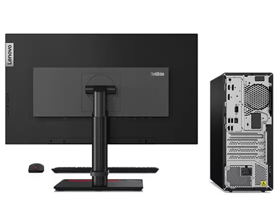 Rear view of Lenovo ThinkCentre M80t desktop next to monitor, keyboard and mouse