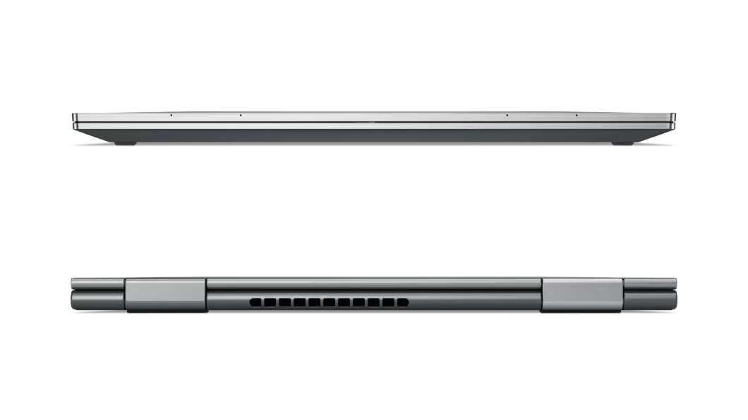Front and back sides of Lenovo ThinkPad X1 Yoga convertible, showing seamless integration of 360-degree hinges.