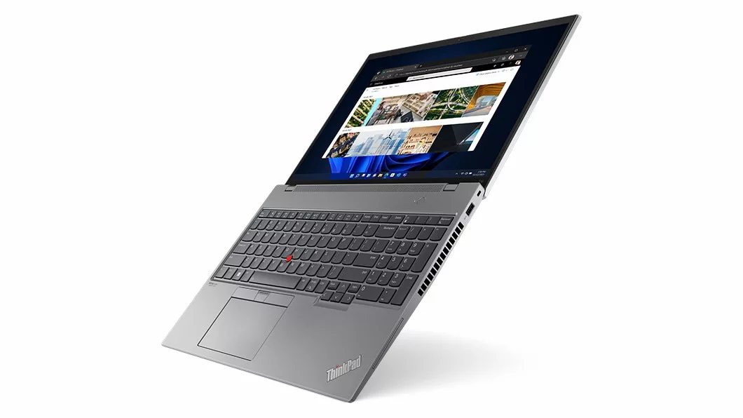 Right-side view of ThinkPad T16 Gen 1 (16, Intel) laptop, opened 180 degrees, angled vertically, from top to toe