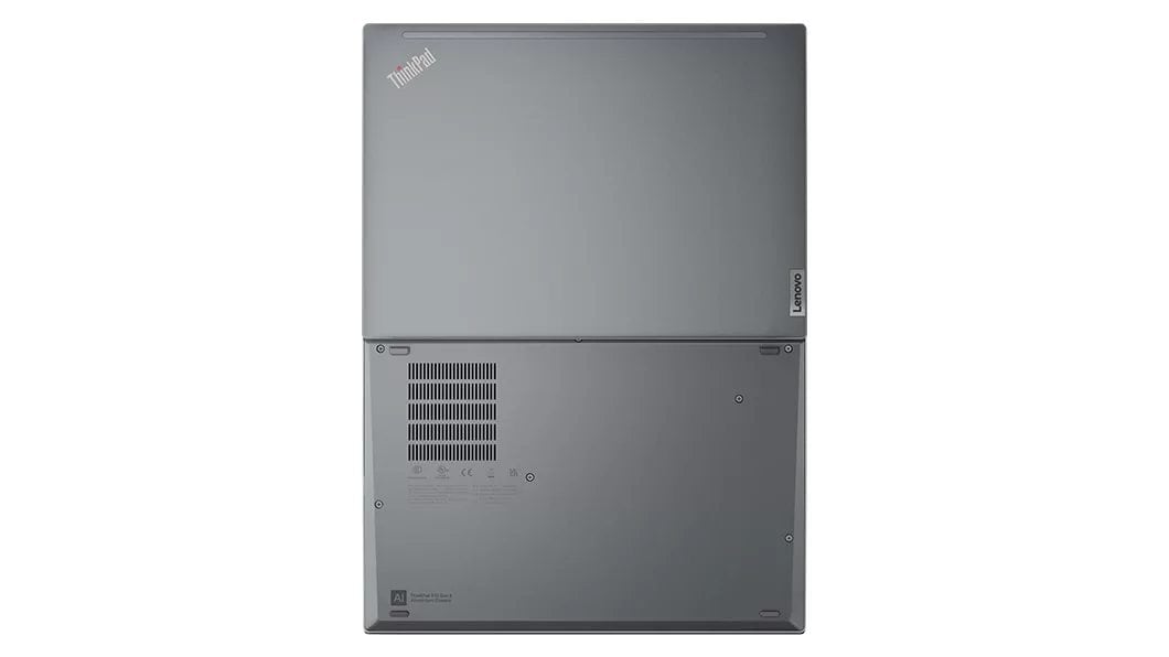 Aerial view of ThinkPad X13 Gen 3 (13, Intel), opened 180 degrees, showing front and rear covers