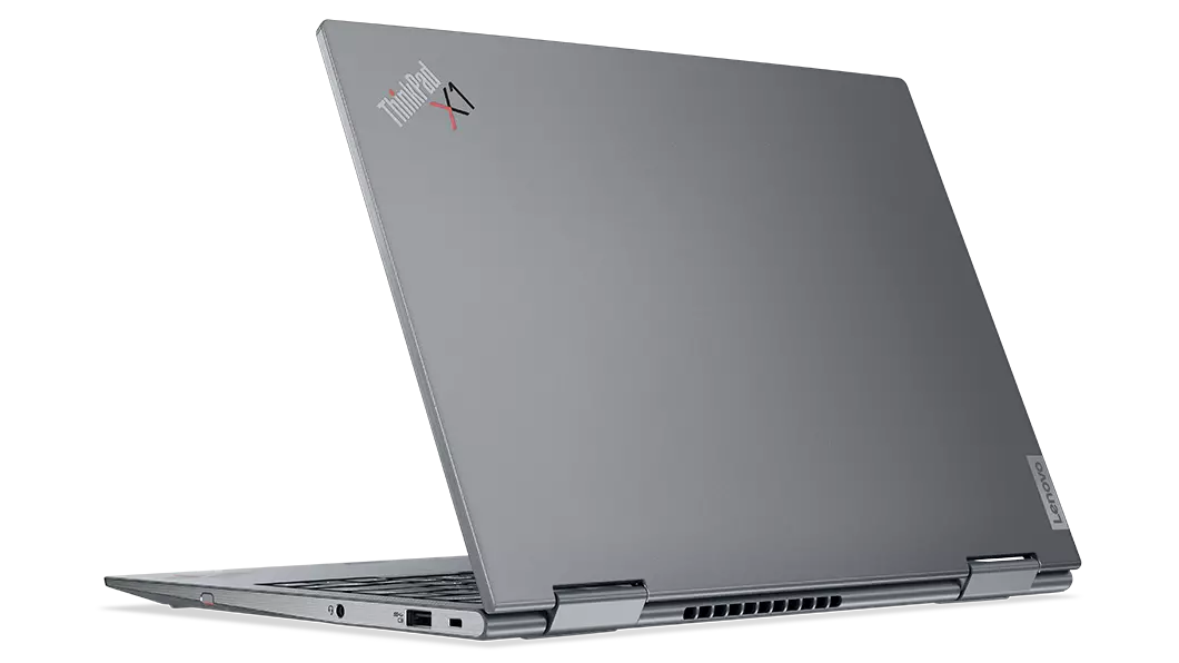 Rear-facing Lenovo ThinkPad X1 Yoga Gen 7 2-in-1 laptop open in laptop mode, showing top cover.