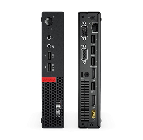 Lenovo ThinkCentre M710 Tiny standing vertically, front and back views