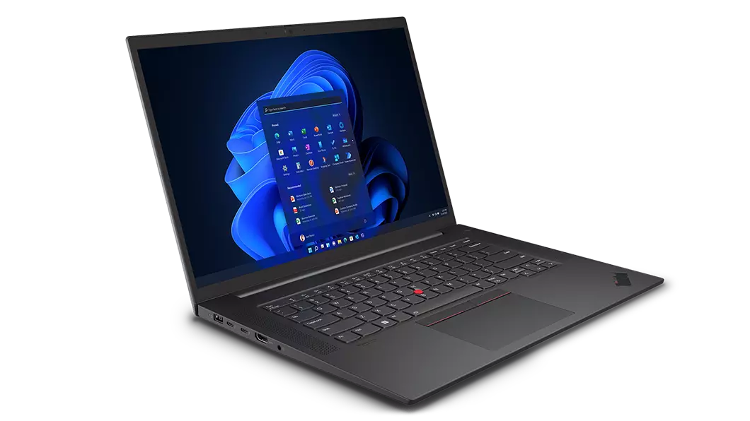 Lenovo ThinkPad P1 Gen 5 mobile workstation open 90 degrees, angled to show left-side ports. 