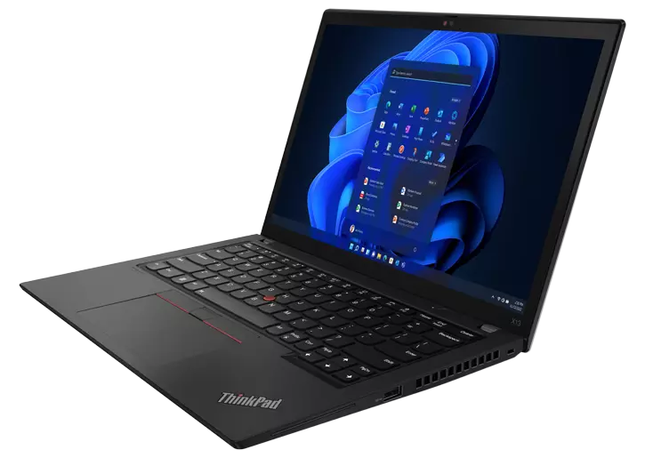 Lenovo ThinkPad X13 Gen 3 (13, amd) laptop in thunder black, 90 degrees and angled to show right-side ports