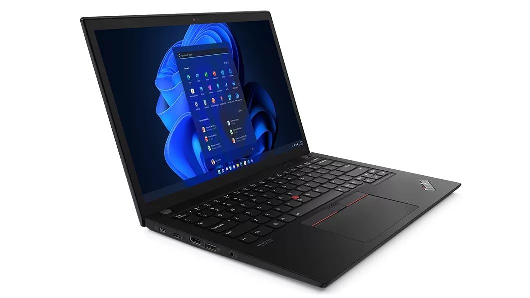 Left side view of ThinkPad X13 Gen 3 (13, Intel), opened 90 degrees, showing display, keyboard, and ports