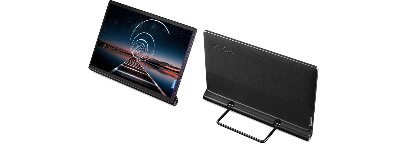 Yoga Tab 13 front and back views, screen on