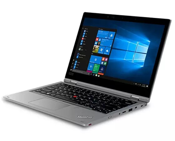 Lenovo ThinkPad L390 Yoga - Silver 2-in-1 laptop open, revealing revealing 13.3" screen and keyboard