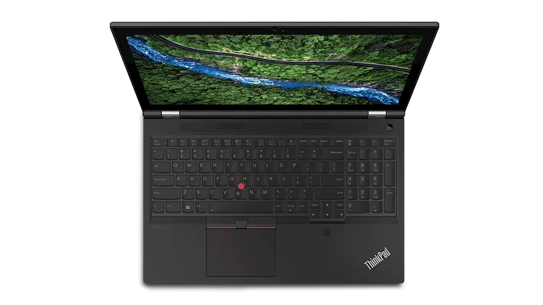 Overhead shot of Lenovo ThinkPad P15 Gen 2 mobile workstation open 90 degrees focusing on keyboard.