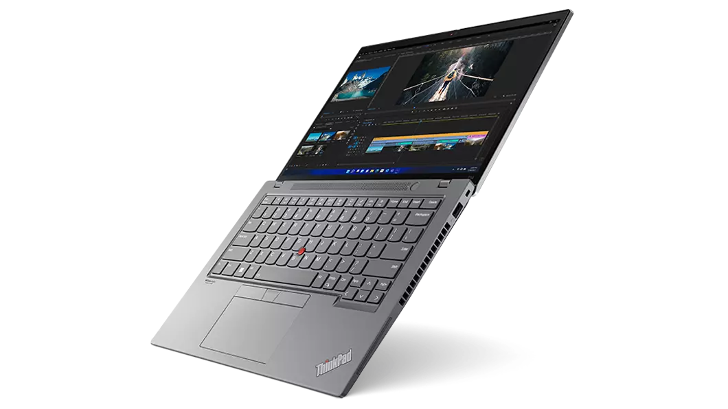 Front-facing, right-side view of ThinkPad T14 Gen 3 (14 AMD), opened, angled, top to bottom, showing keyboard & display
