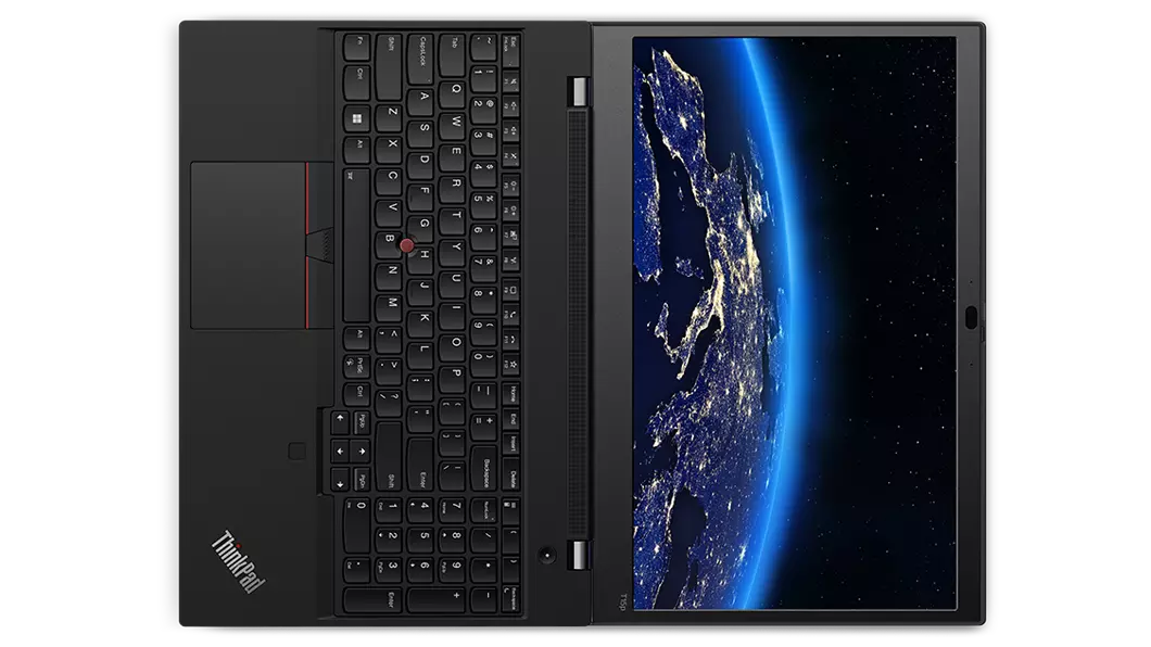 Aerial view of ThinkPad T15p Gen 3 (15, Intel) mobile workstation, opened 180 degrees, laid flat, showing display and keyboard