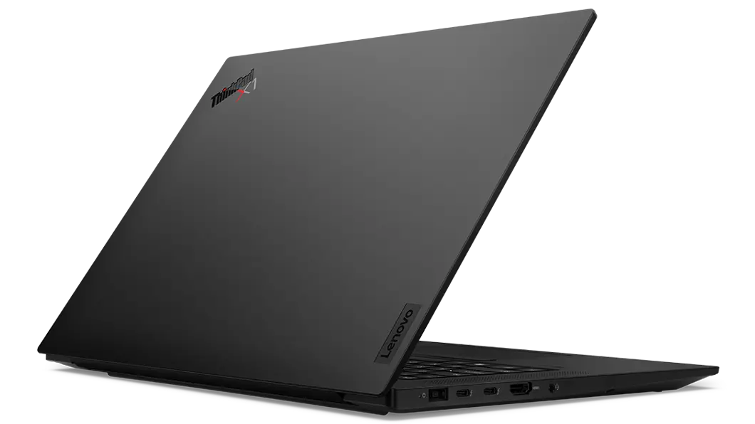 Rear-facing, right-side view of X1 Extreme Gen 5 (16, Intel) laptop, opened slightly, showing top cover, part of keyboard, and ports