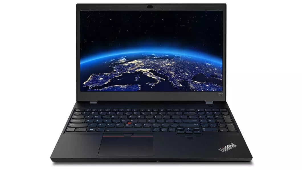 Front view of ThinkPad P15v laptop open 90 degrees, showing keyboard and display 