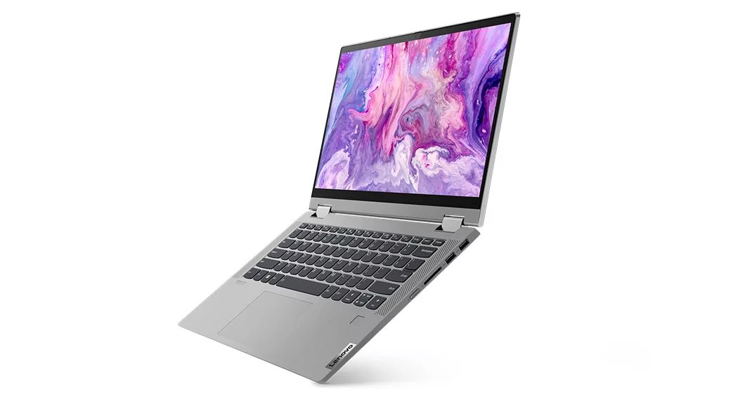 Right angle view of the platinum grey IdeaPad Flex 5 laptop