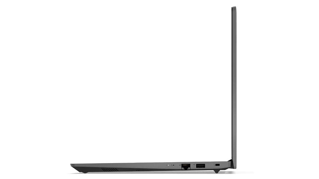 Right side profile of Lenovo V15 Gen 3 (15, AMD) laptop, opened, showing edge of display & keyboard, & ports