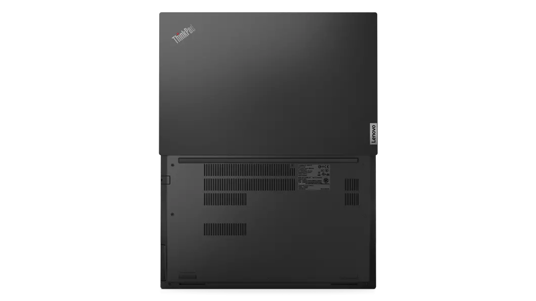 Aerial view of ThinkPad E15 Gen 4 business laptop, opened 180 degrees, flat, showing top and rear covers