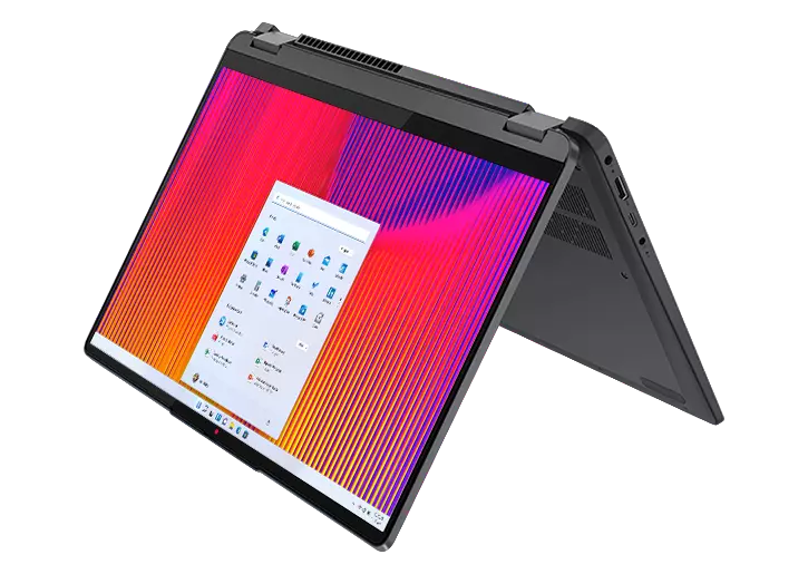Lenovo IdeaPad Flex 5 Gen 7 (14, AMD) 2-in-1 laptop—¾ view, tent mode 