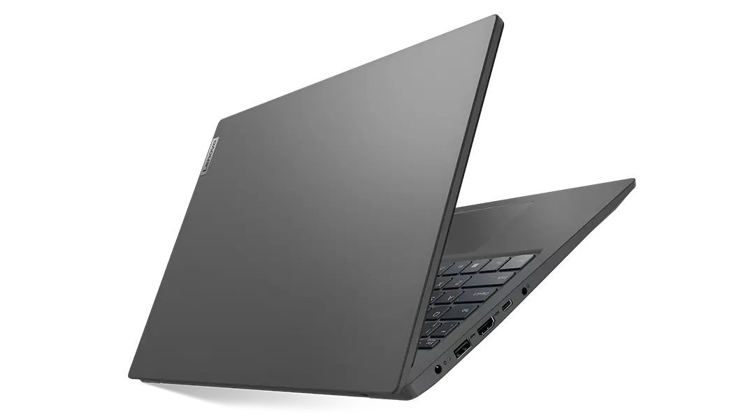 View from above of Lenovo V15 Gen 3 (15, Intel) laptop, opened 45 degrees at a slight angle, showing top cover, part of keyboard and TrackPad