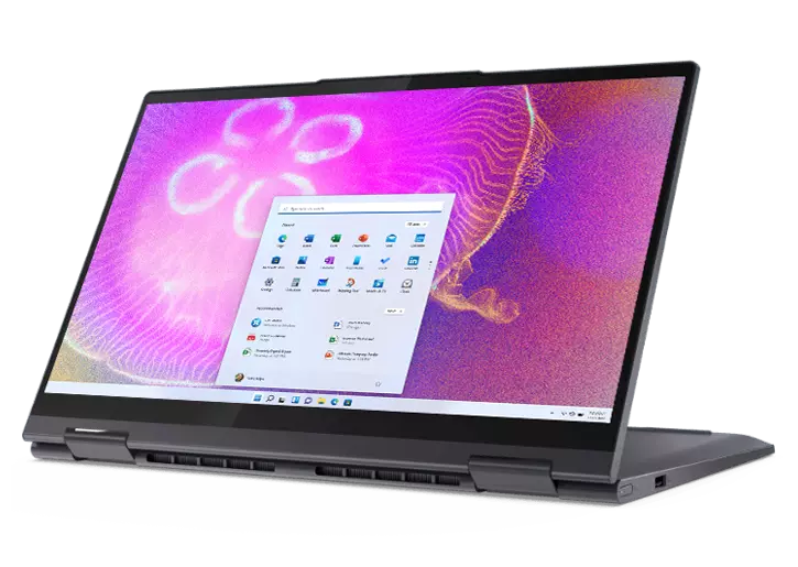 Yoga Duet 7i Gen 6 (13, Intel) Slate Grey, facing left, right side view, Bluetooth® keyboard attached, and folio stand out
