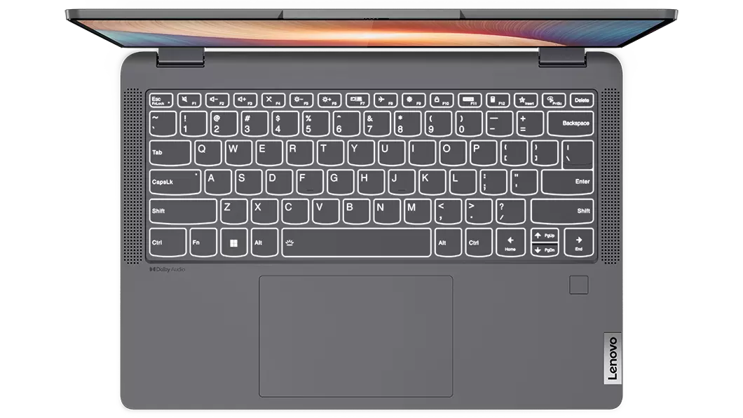 Lenovo IdeaPad Flex 5 Gen 7 (14, AMD) 2-in-1 laptop—overhead view of keyboard, laptop mode, lid open