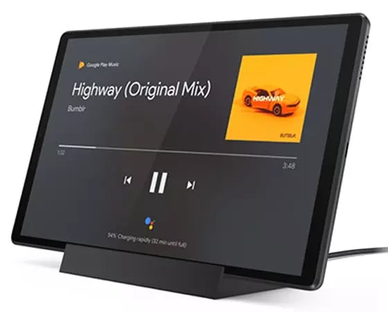 The Lenovo Smart Tab M10 HD (2nd Gen) with Google Assistant, playing music, on the Smart Dock