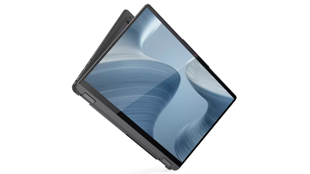 The 14, IdeaPad Flex 5i, suspended at an angle, slightly opened from tablet mode, showing the display, with a swirling grey background, and part of the bottom of the device