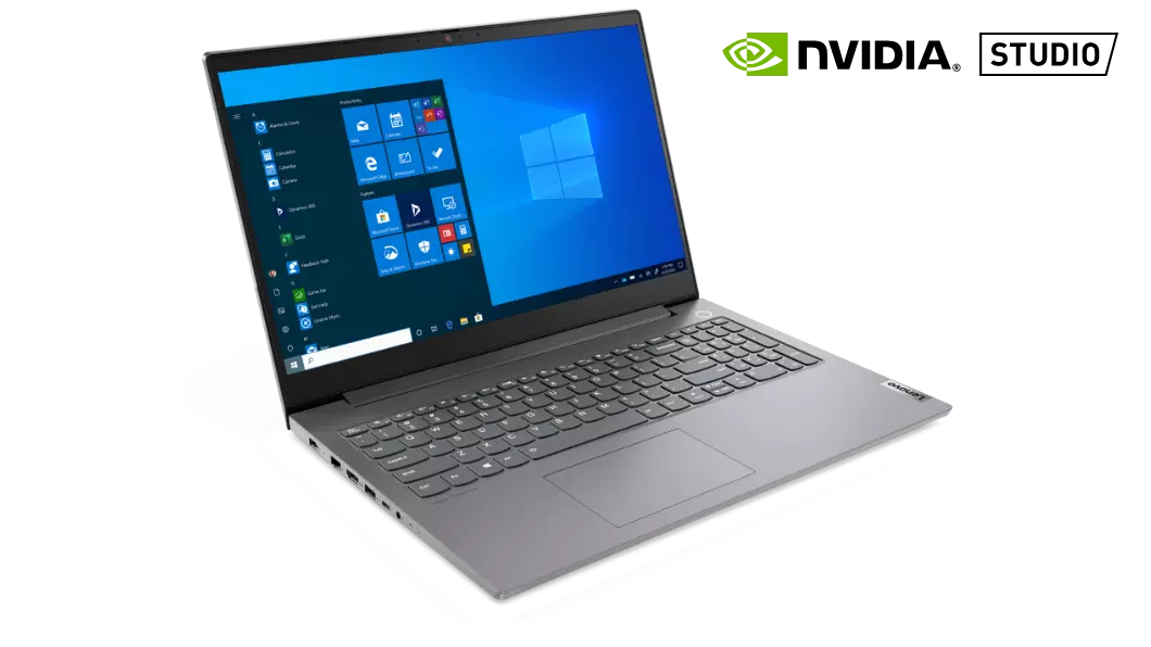 Lenovo ThinkBook 15p Gen 2 (15, Intel) laptop open more than 90 degrees, angled to show left-side ports, with NVIDIA Studio badge.