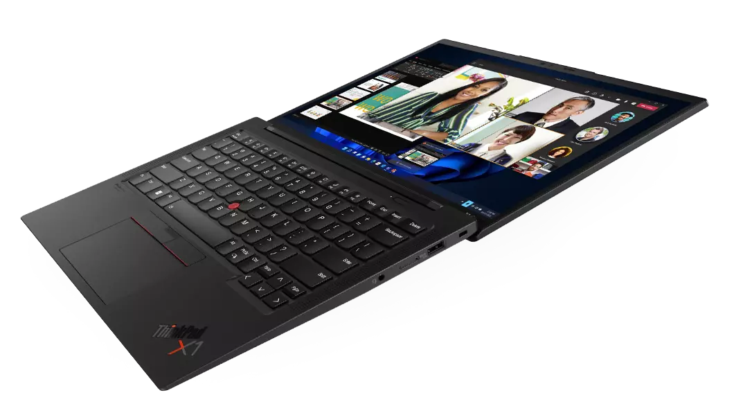 Lenovo ThinkPad X1 Carbon Gen 10 laptop open 180 degrees, angled to show right-side ports.