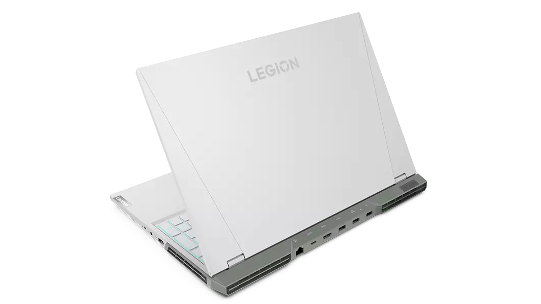 Rear, side view of Lenovo Legion 5i Pro Gen 7 (16, Intel) gaming laptop, Glacier White model, opened