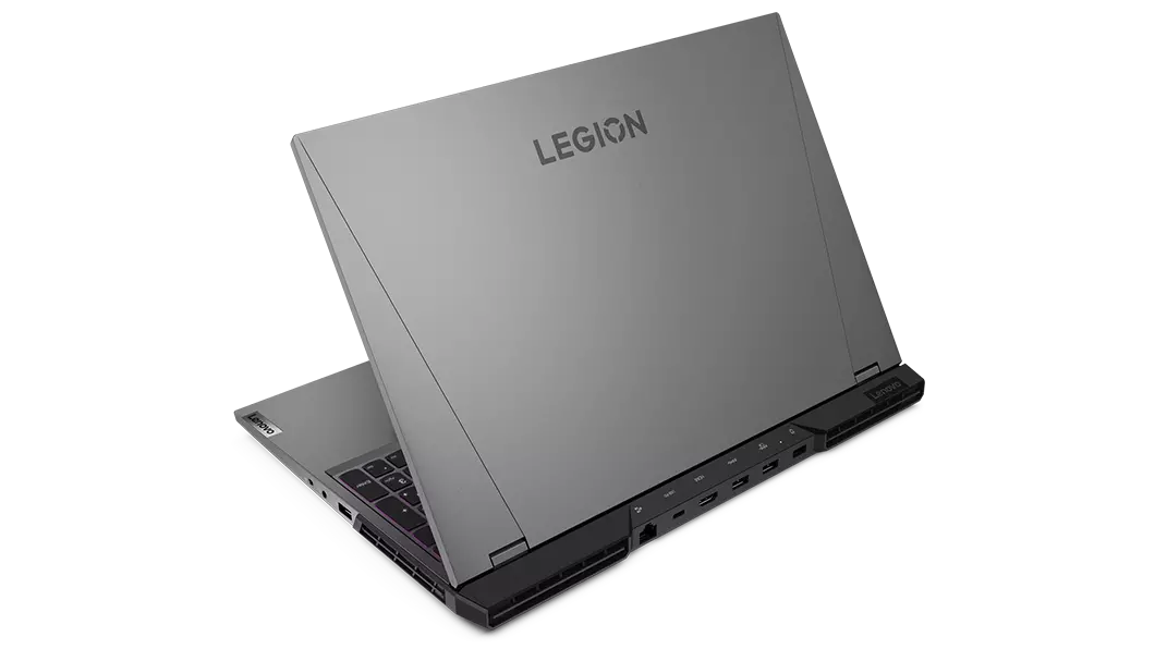 Rear side view of Lenovo Legion 5i Pro Gen 7 (16, Intel) gaming laptop, opened slightly